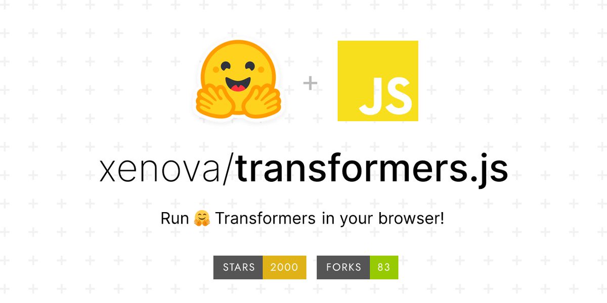 xenovacom's tweet image. Transformers.js just hit 2000 stars on GitHub! 🤯

Thank you so much to everyone in the open-source AI community for all your support... it means the world to us! 🤗

We can&apos;t wait to see what will be built with this technology. Watch this space! #WebML

github.com/xenova/transfo…