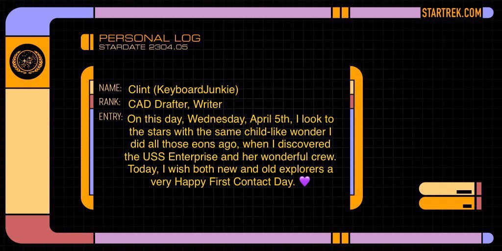 KeyboardJunkie's tweet photo. Happy First Contact Day, Everyone! ๐๐ฝ
#StarTrek #StarTrekTNG #StarTrekDS9 #StarTrekVoyager #StarTrekDiscovery #StarTrekEnterprise #StarTrekPicard #FirstContactDay #FirstContactStory https://t.co/WW4TGF6Hhf