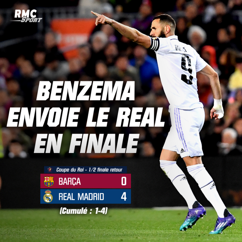 RMCsport's tweet photo. 🏆 Porté par un immense Benzema, encore, le Real HUMILIE le Barça chez lui, sur sa pelouse au Camp Nou, en demi-finale de Coupe du Roi. Grâce notamment à un nouveau triplé du Français, les Merengue éliminent leurs rivaux catalans (4-0, 4-1 au cumulé) et disputeront la finale !