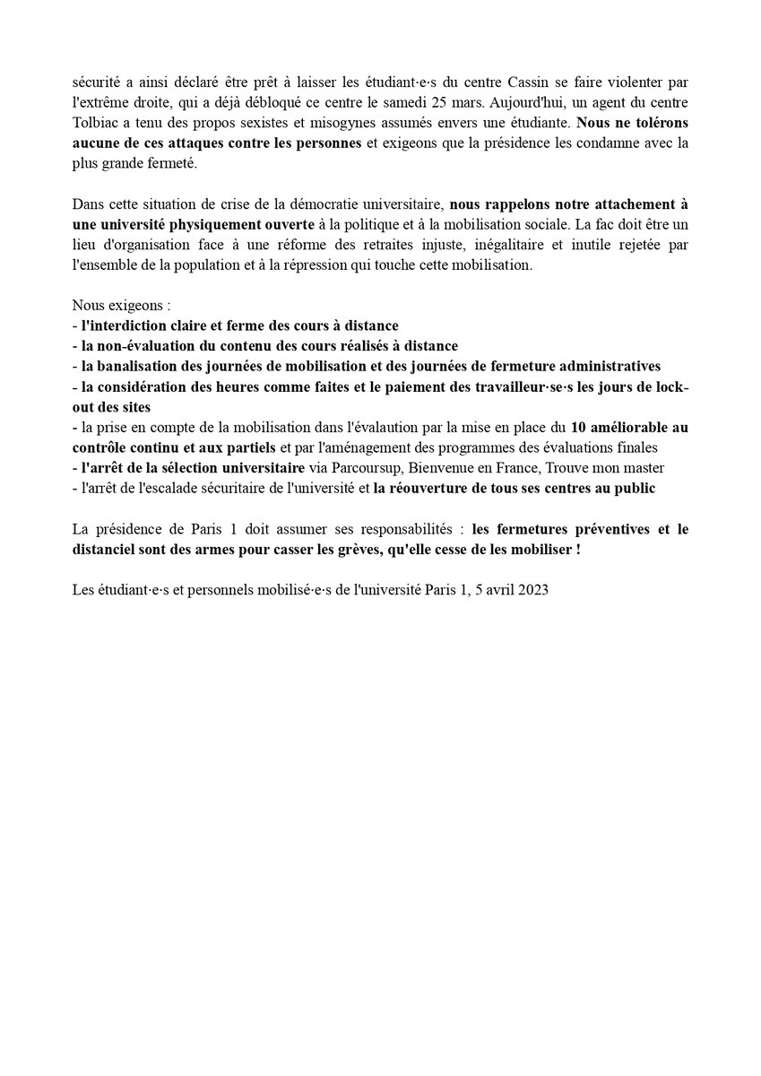 Contre les fermetures préventives et le distanciel, pour une université ouverte et démocratique ! 

 Communiqué des étudiant⋅e⋅s et personnels mobilisé⋅e⋅s de l'université Paris 1 le  5 avril 2023
#Tolbiac
