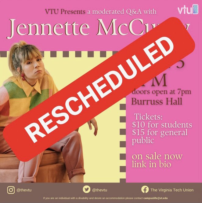 thevtu's tweet photo. Due to unforeseen circumstances, our event with Jennette McCurdy for tonight has been cancelled. Please stay tuned on our socials for more information and a reschedule date. https://t.co/FIfKKLnvE7
