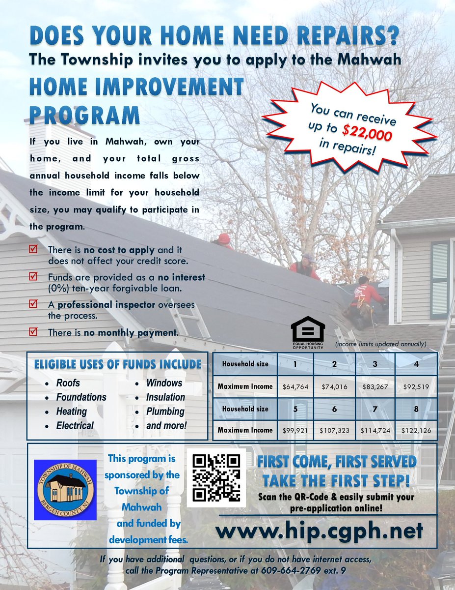 Mahwah Homeowners: If your home needs repairs, check out the Mahwah Home Improvement Program! See details below. Visit hip.cgph.net to pre-apply. Program is sponsored by the Township of Mahwah. #mahwah #mahwahnj #bergencounty #bergencountynj