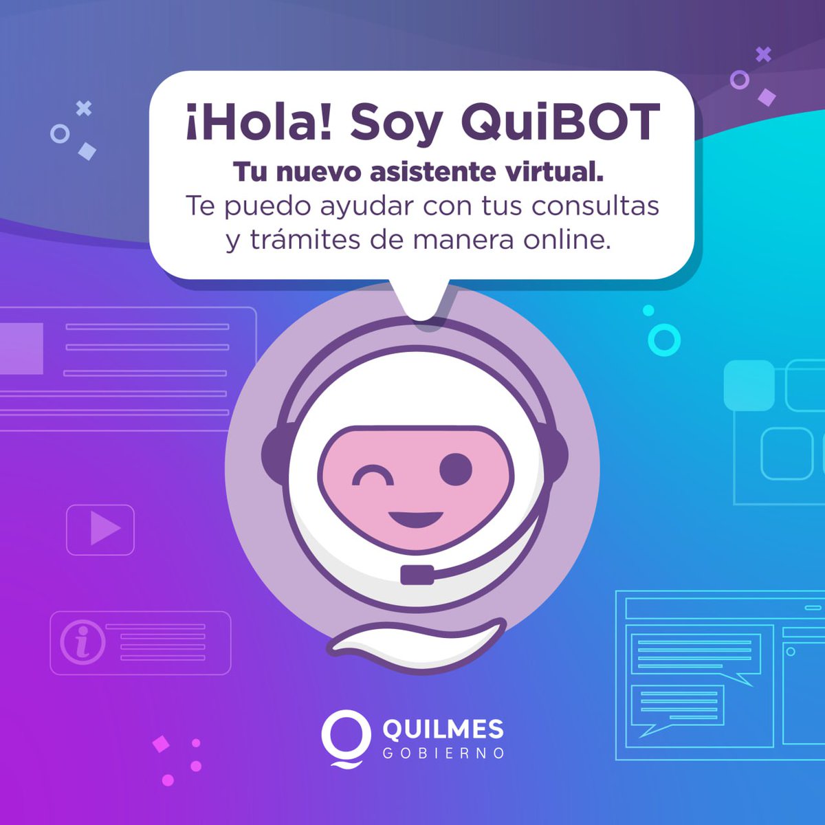 QuilmesMuni's tweet image. 💻 Te presentamos a #QuiBOT, el nuevo asistente virtual del Municipio creado para asesorarte en tus consultas y facilitar los trámites de manera online, sin moverte de tu casa.

📲 Escribí por WhatsApp al 11-4493-4483 o también utilizalo desde la web quilmes.gov.ar