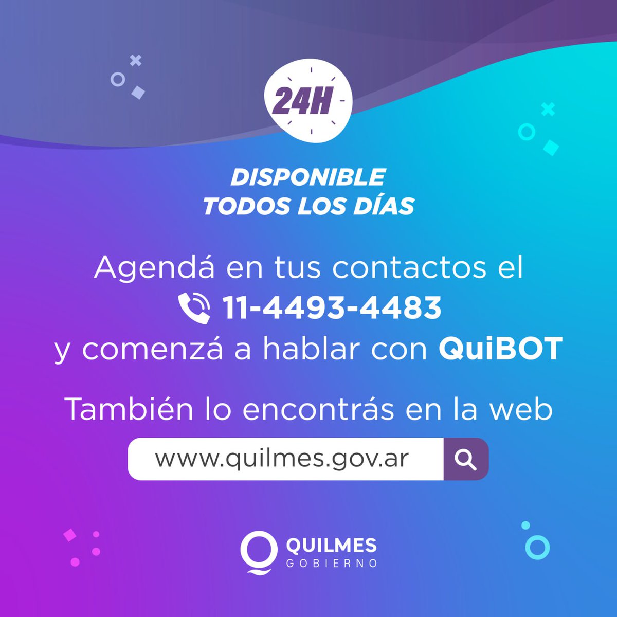 QuilmesMuni's tweet image. 💻 Te presentamos a #QuiBOT, el nuevo asistente virtual del Municipio creado para asesorarte en tus consultas y facilitar los trámites de manera online, sin moverte de tu casa.

📲 Escribí por WhatsApp al 11-4493-4483 o también utilizalo desde la web quilmes.gov.ar