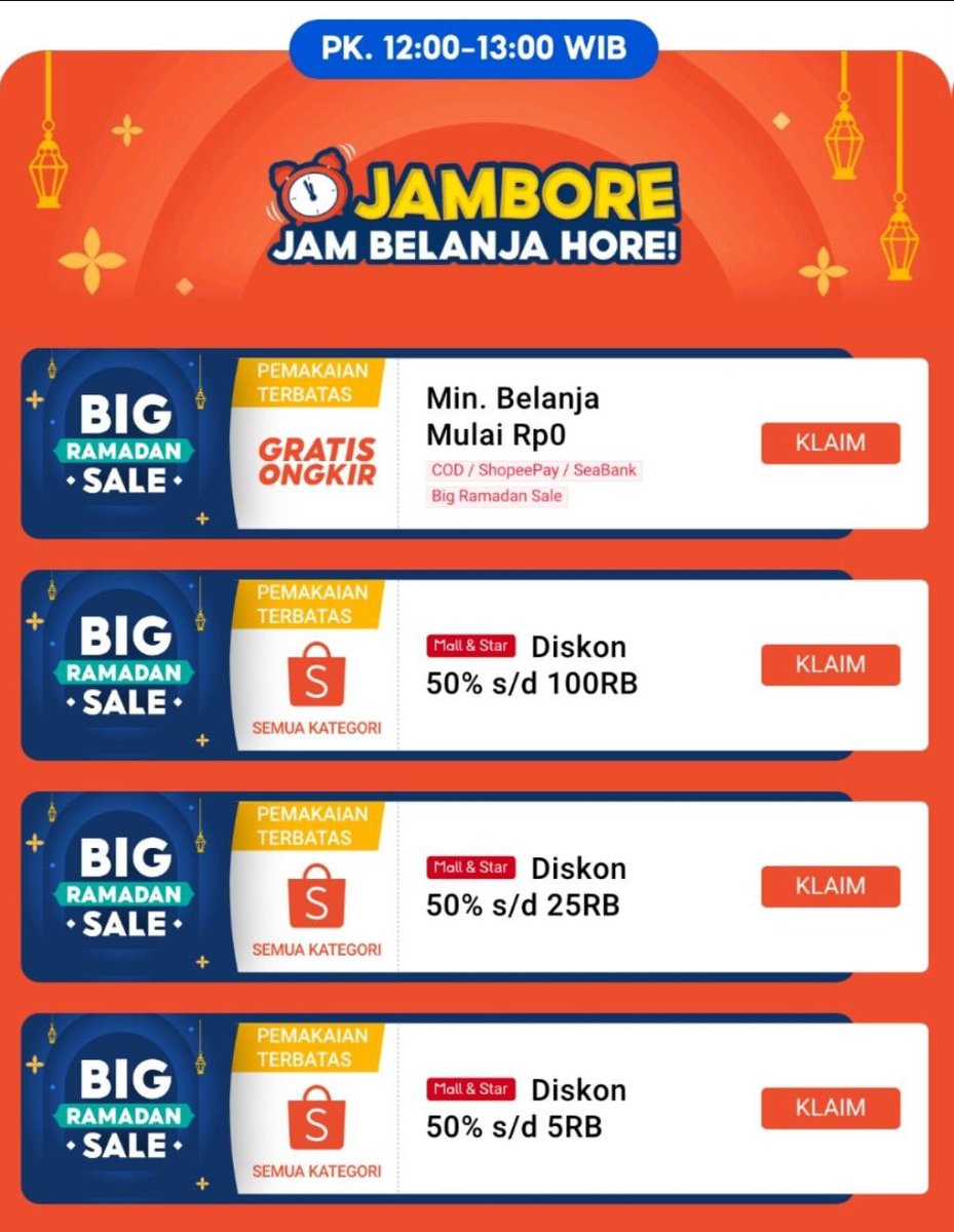 i_m_mortal_'s tweet photo. Voucher Diskon 50% s/d 5k, 25k dan 100k ada lagi di jam 12:00 | 6 Apr

*Tanpa min. transaksi
*Berlaku untuk semua pembayaran

Bisa diklaim mulai jam 12:00 disini (tanpa refresh)
https://t.co/zUqnENpxqV

Link browser
s*id/64jambore https://t.co/asD3zZA4fV