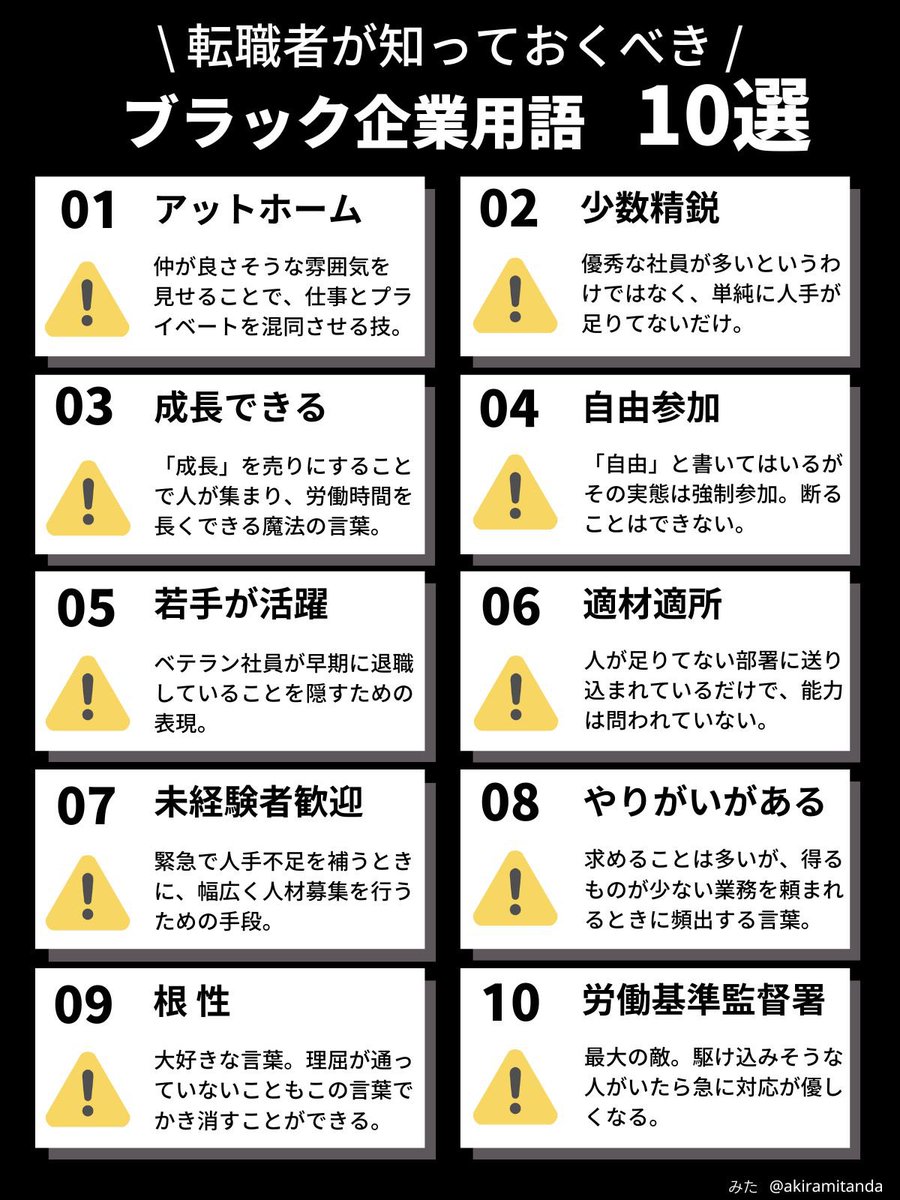 mita_career's tweet photo. 転職者が知っておくべきブラック企業用語をまとめました。 https://t.co/9rTHZmX2uR
