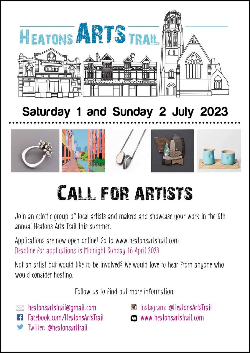 The Heatons Arts Trail 
Call for artists! This is a fantastic event each year, so get your applications in! Deadline 16th April!
#art #crafts #artistsontwitter #Heatonmoor #Stockport #cheshire #manchester #MancMade 
heatonsartstrail.com