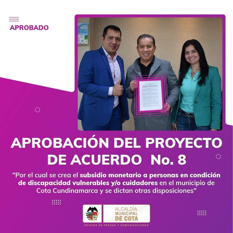 social_cota's tweet photo. ¡Gran noticia¡ Atención #cuidadores y #poblaciónCondiscapacidad más #vulnerables de #Cota, fue aprobado el Proyecto de #AcuerdoMunicipal Nº 8 de 2023 por el Honorable Concejo Municipal de Cota.
#ProgramaDeDiscapacidad #Convocatoria2023 #SubsidioMonetario #consejodediscapacidad https://t.co/gYUR2yjz0z
