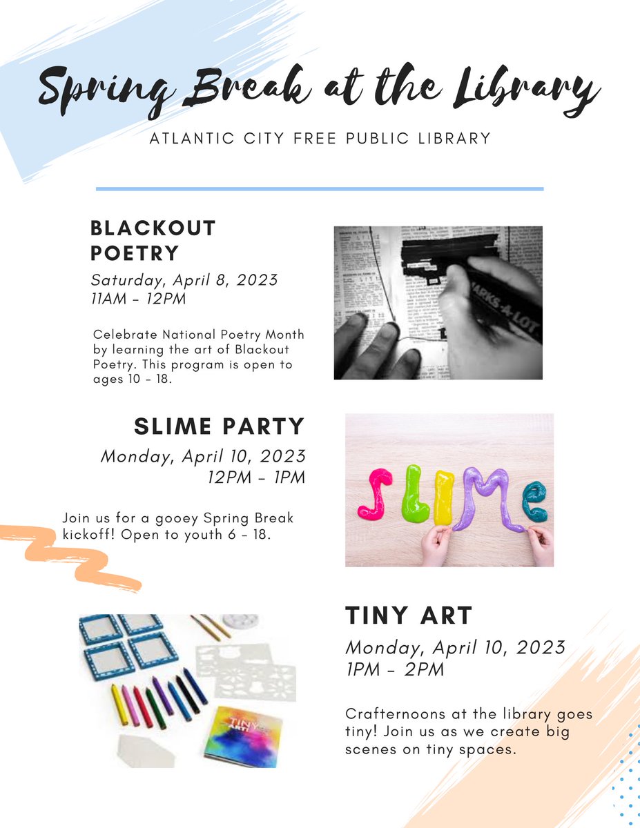 Spend Spring Break at the Library! #SpringBreak2023 #AtlanticCity #LibrariesRock #NJLibraries #NationalPoetryMonth #LibraryProgramsforYouth #ACFPL