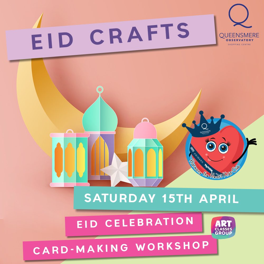 ☪️Kids Club - Eid Craft ☪️Card making workshop with the special appearance of Harmony the heart.

ℹ️ Event details ℹ️
🗒️ Saturday 15th April 
⏳11 am - 4 pm

Don’t forget to join us at Queensmere Observatory shopping centre. 

#letscreate #Eid #eidcollection #crafts #slough