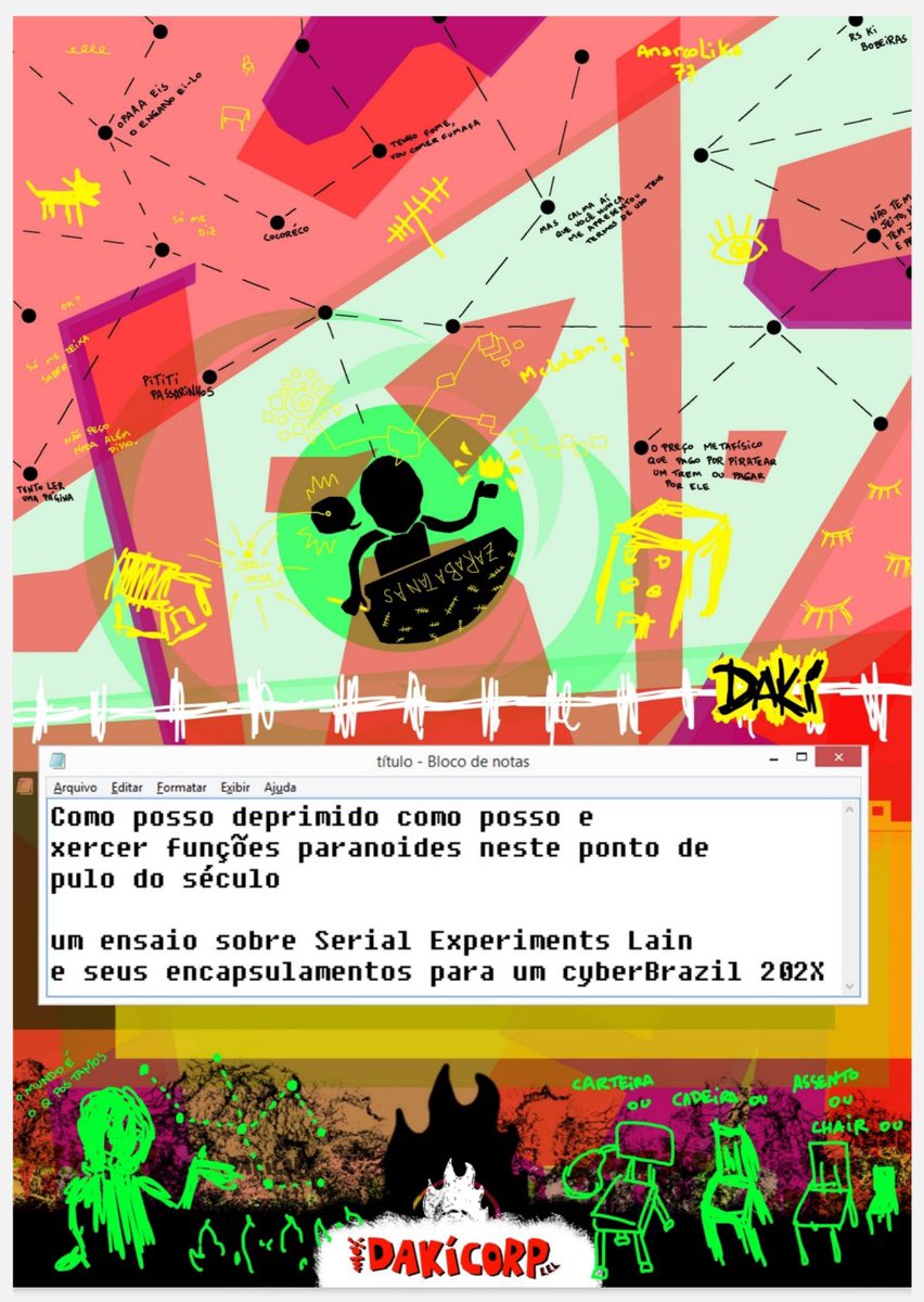 gibifoda's tweet photo. 1 título: Como posso deprimido como posso exercer funções paranoides nesse ponto de pulo no século: Um ensaio sobre Serial Experiments Lain e seus encapsulamentos para um cyberBrazil 202X.
1 autor: Dakí
1 lançamento: 08/04/2023, na Mandrake Comic Shop, Goiânia - GO. https://t.co/OjJsmkOETD