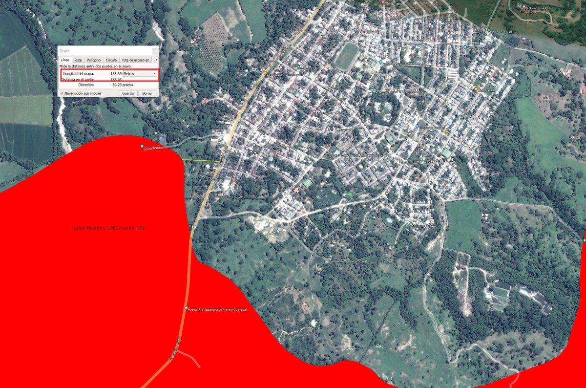 Jose_FernandezO's tweet photo. @petrogustavo @velascoluisf en la imagen se evidencia que el lahar llegaría  a menos de 200 mts de la cabecera municipal de Armero Guayabal si llegase a ocurrir un evento similar al ocurrido en 1985. https://t.co/VAt1i48jxH