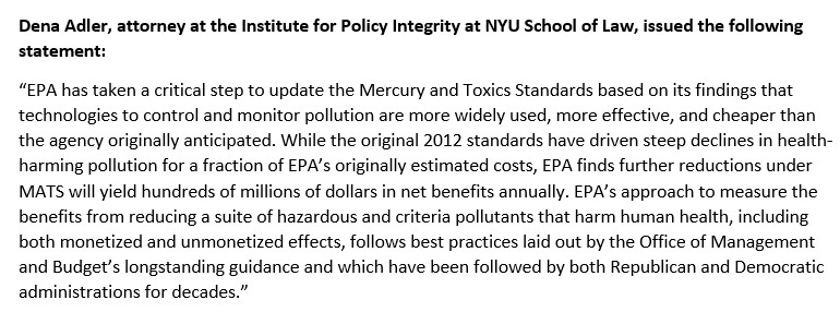 PolicyIntegrity's tweet photo. Today, @EPA proposed to strengthen the landmark Mercury and Air Toxics Standards (MATS). 

A statement from our @DenaAdler: https://t.co/48mMN6IU7r
