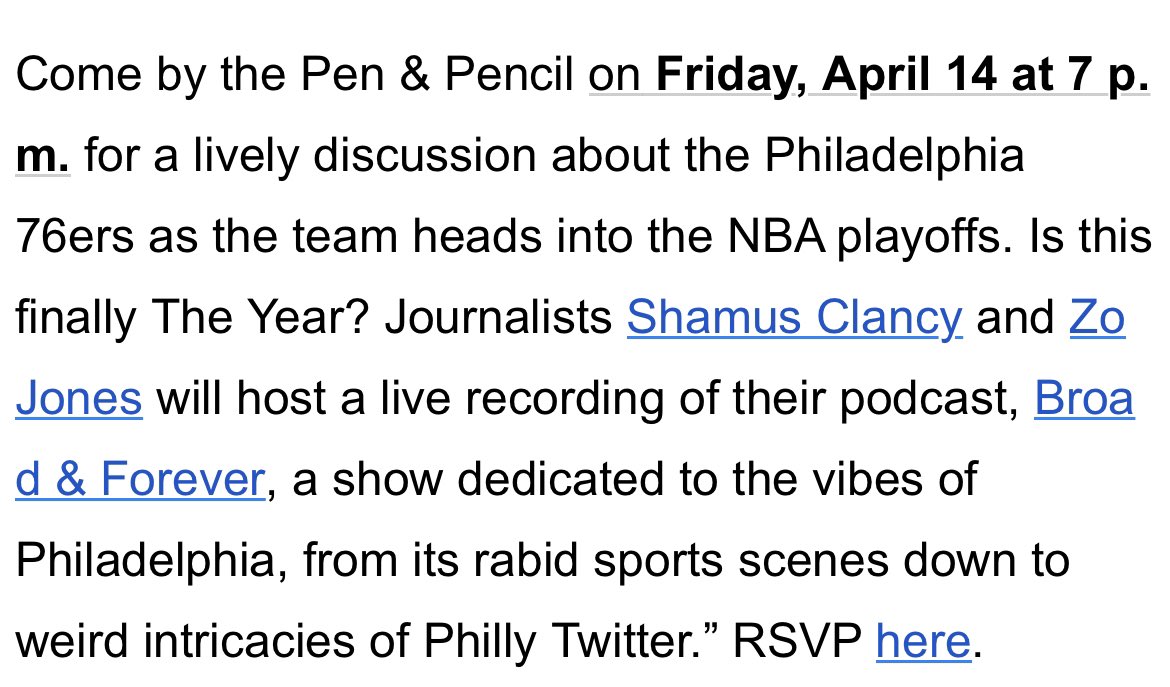 LIVE POD!!! @shamus_clancy & @Tweets_By_Zo will be at the Pen and Pencil Club on Friday, April 14th to discuss the Sixers’ playoff run, the Birds’ outlook in the NFL Draft and all things Philly. free RSVP here: penandpencil.org/content.aspx?p…
