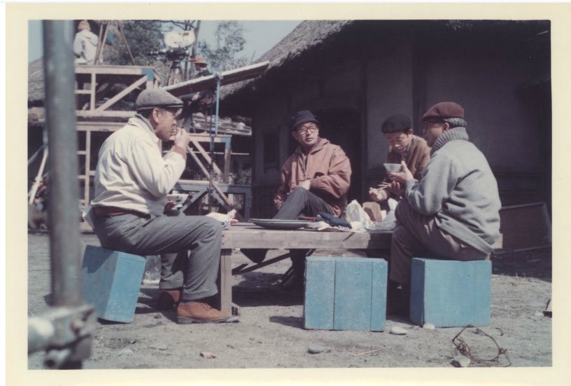 Lunchtime on set for Seven Samurai. #Kurosawa is center in the black hat. #Japan #JapaneseCinema