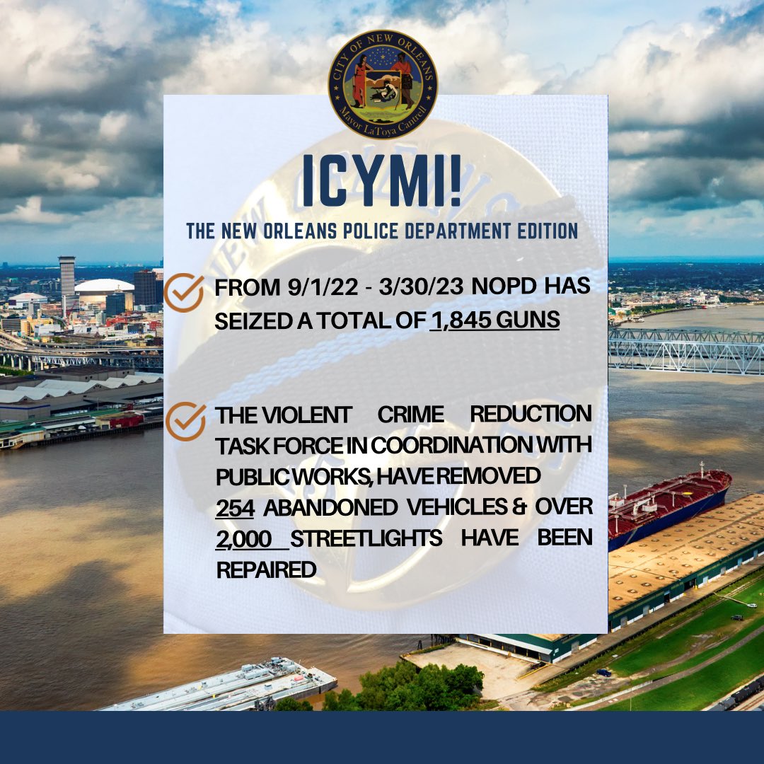 mayorcantrell's tweet photo. ICYMI: We’re doing the work!!

Good job to the men and women of the @NOPDNews! Also thank you to our Violence Crime Reduction Task Force along with Department of Public Works for addressing environmental conditions that lead to crime &amp; cleaning up our streets. 

@CityOfNOLA https://t.co/gwJoOlN9Ps