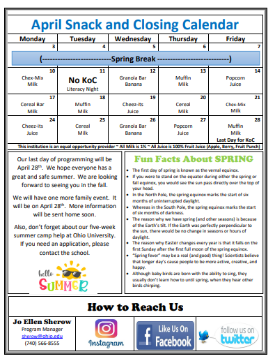 KidsonCampus1's tweet photo. Belpre Elementary Afterschool newsletter for April is out now! https://t.co/UtwirnzccR