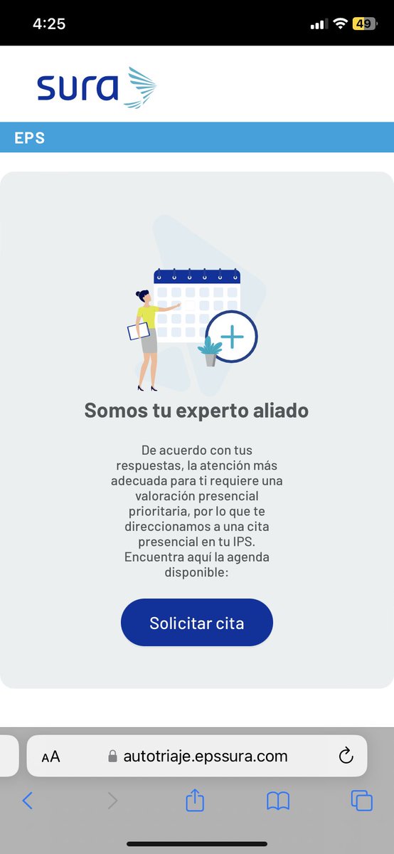 ManuelaUsuga6's tweet photo. @epssura que tan efectivo es el primer filtro que nosotros cómo usuarios ponemos en la web al momento de describir los síntomas que sentimos… según ustedes requiero Cita prioritaria pero la disponibilidad es para el 22 abril… https://t.co/TFxXLhhwWi
