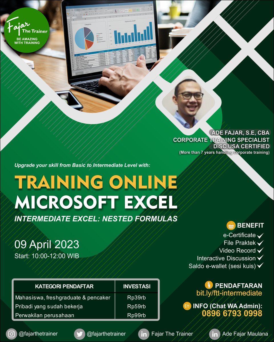 Cuma 39 ribu rupiah kamu udah bisa upgrade skill Excel kamu dari yg biasa aja jadi luar biasa. 
Dengan materi yg relevan dgn dunia kerja, pelatihan ini jd pilihan yang tepat bagi siapa saja yang ingin meningkatkan keterampilan dan memperoleh pekerjaan yg diinginkan.
Yuk daftar