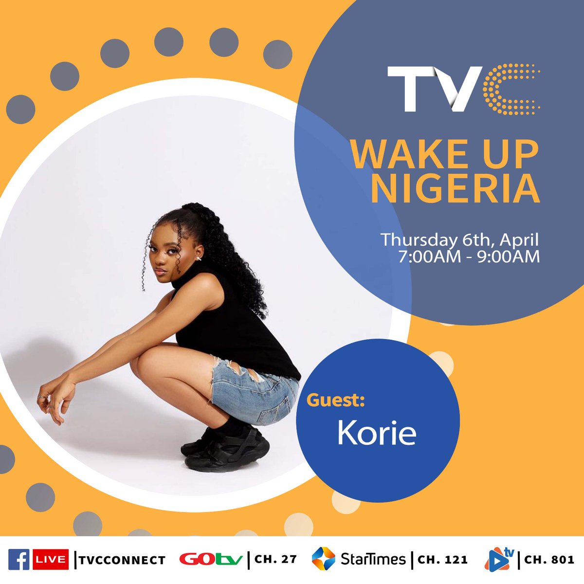 Thursday Morning 7am West African Time @TVCconnect 💕🇳🇬🥂I will be live #WakeUpNigeria #thisiskorie #music #ArtsOfAshes