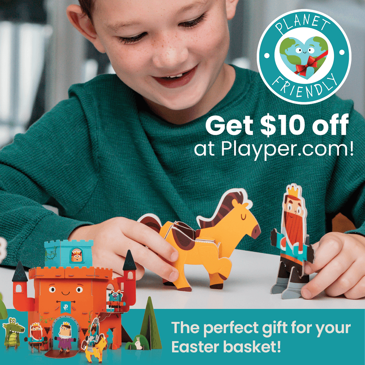 Don't miss out on this Easter special: get $10 off plus free shipping, only at Playper.com! #easter #eastergift #easterbasket #sustainable #plasticfree #recyclable #green #discount #coupon #toy