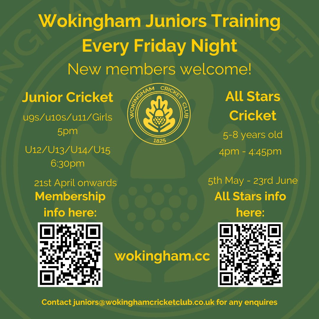 Juniors cricket starts 21st April <a href="/Emmbrook_PE/">Emmbrook PE</a> <a href="/PeWaingels/">Waingels PE</a> <a href="/Bulmershe_PE/">Bulmershe School PE</a> <a href="/MaidenErleghSch/">Maiden Erlegh School</a> <a href="/crispinsschool/">St Crispin's School</a>
