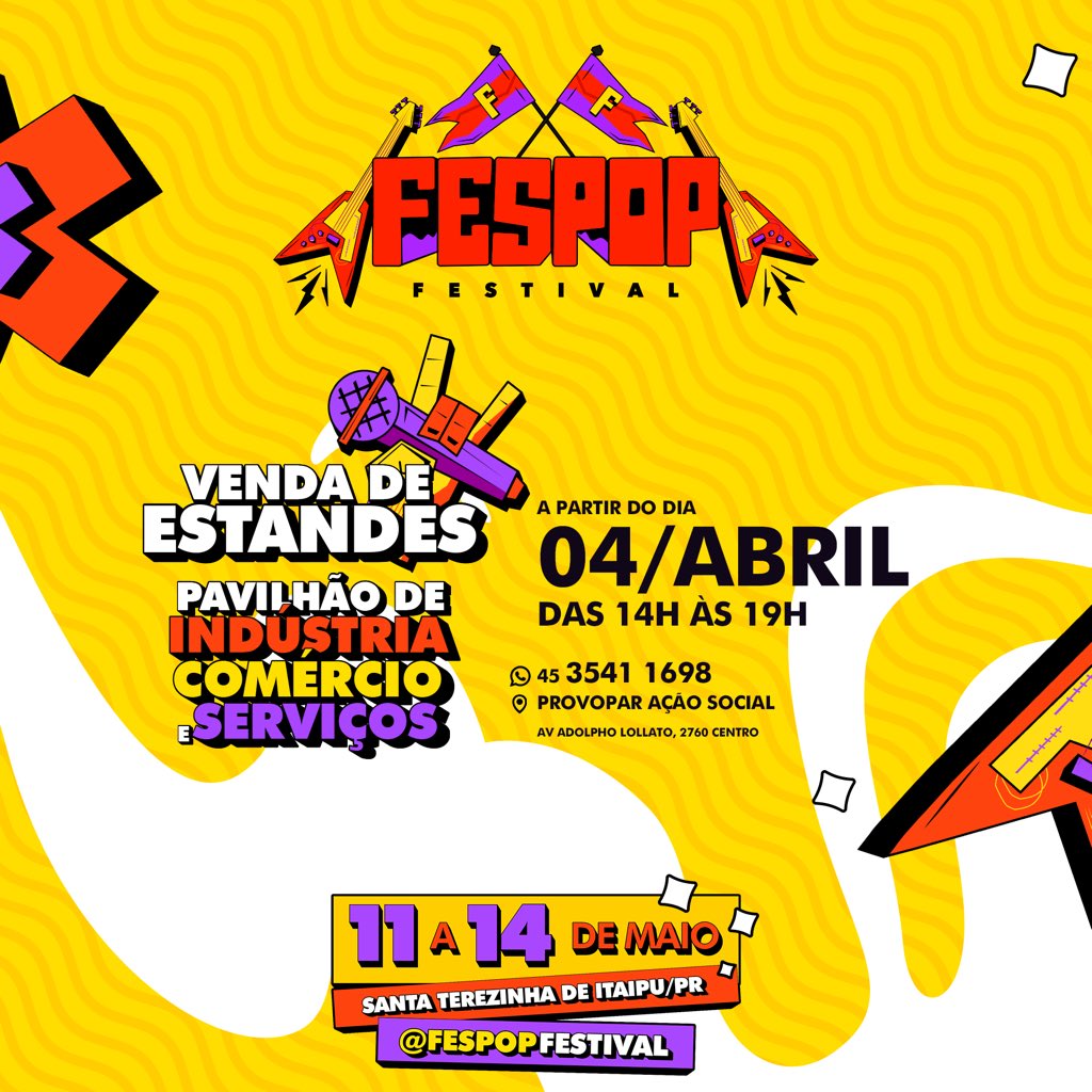 Eyyyyyy ⚡️
A FESPOP FESTIVAL é a melhor vitrine para a sua empresa! 

Dia 04 de abril estará liberada a venda dos estandes do pavilhão de indústria, comércio e serviços! 

Garanta já o seu espaço! 
Fazer parte deste evento é pura emoção!!!

#nosvemosnafespop
