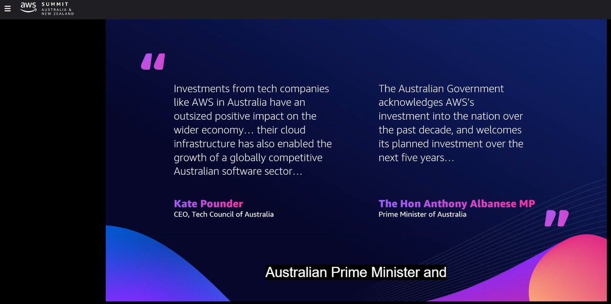 DigitalColmer's tweet photo. Great to see the investments in Australia and in sustainability...@climatesalad and support from @AlboMP... 🚀
#TheDigitalCoach #AWS #AWSSummit #ANZSummit #CloudComputing https://t.co/tfCYPrX4tN