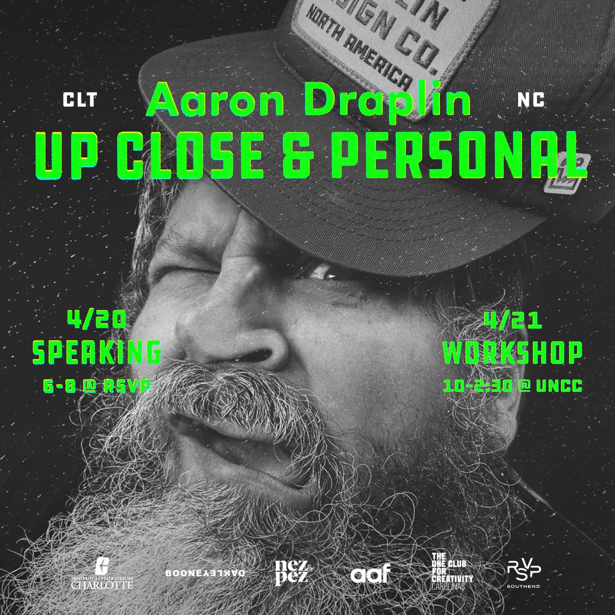 On April 20th and 21st The One Club &amp; AAF welcome Aaron Draplin to Charlotte, NC for 2 big events; a Speaking &amp; a Workshop. Come see Aaron up close and personal? Now is your chance. Spend the evening, spend the day, or spend both with Aaron. RSVP at bit.ly/40EcT64