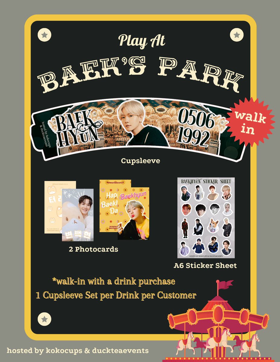 kokocups's tweet photo. 🎡 Play At Baek's Park 🎡

Pre-order Details
• $10 USD
• 1 cupsleeve
• 2 photocards
• 1 A6 sticker sheet
• 1 POB gift (transparent pc)

Shipping and pick up offered. Pre-orders help fund the event and you can skip the drink line for pick up!

Form: https://t.co/wdBIJDAQJz https://t.co/Kp1CI2R2kD