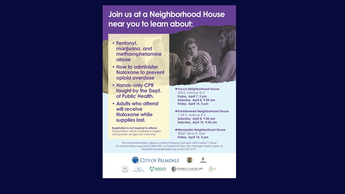 PalmdaleCity's tweet photo. Come out to the first of several Community Outreach Meetings & Trainings this Friday, April 7 at 5 pm at Yucca Neighborhood House, 503 E. Ave. Q-3. Meet LA Co Supervisor @kathrynbarger, receive CPR & Naloxone training & add'l resources! https://t.co/kWEqsbJK6R #FightFentanylAV https://t.co/rPo6EzFuRy