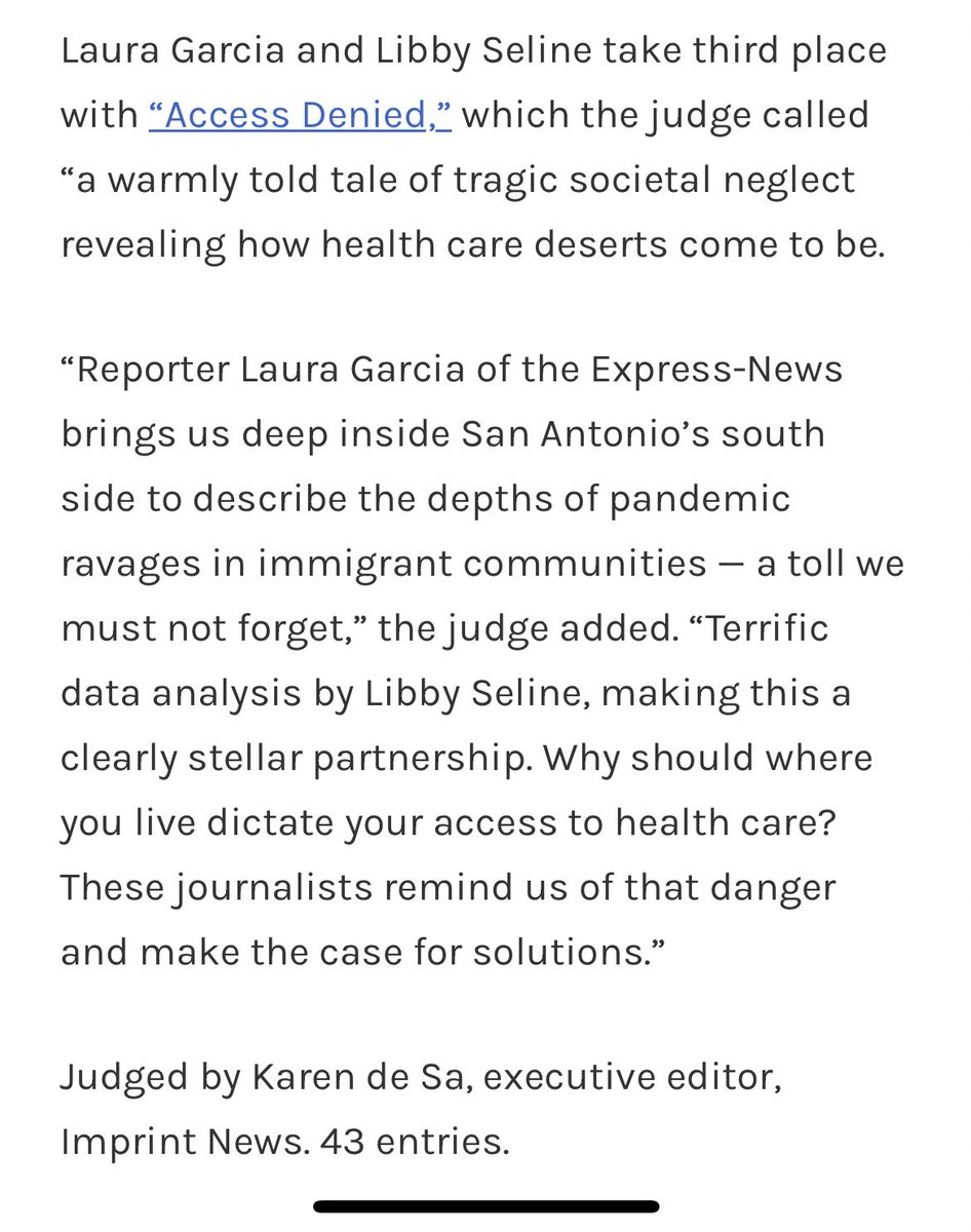Laura Garcia (@reporter_laura) on Twitter photo Is this journalism contest day? Happy to report that <a href="/LibbySeline/">Libby Seline</a> and I won a third place Best of the West award for social justice reporting for the health inequities project “Access Denied” at <a href="/ExpressNews/">San Antonio Express-News</a> in partnership w/<a href="/ReportingHealth/">USC Center for Health Journalism</a>. Is this journalism contest day? Happy to report that <a href="/LibbySeline/">Libby Seline</a> and I won a third place Best of the West award for social justice reporting for the health inequities project “Access Denied” at <a href="/ExpressNews/">San Antonio Express-News</a> in partnership w/<a href="/ReportingHealth/">USC Center for Health Journalism</a>.