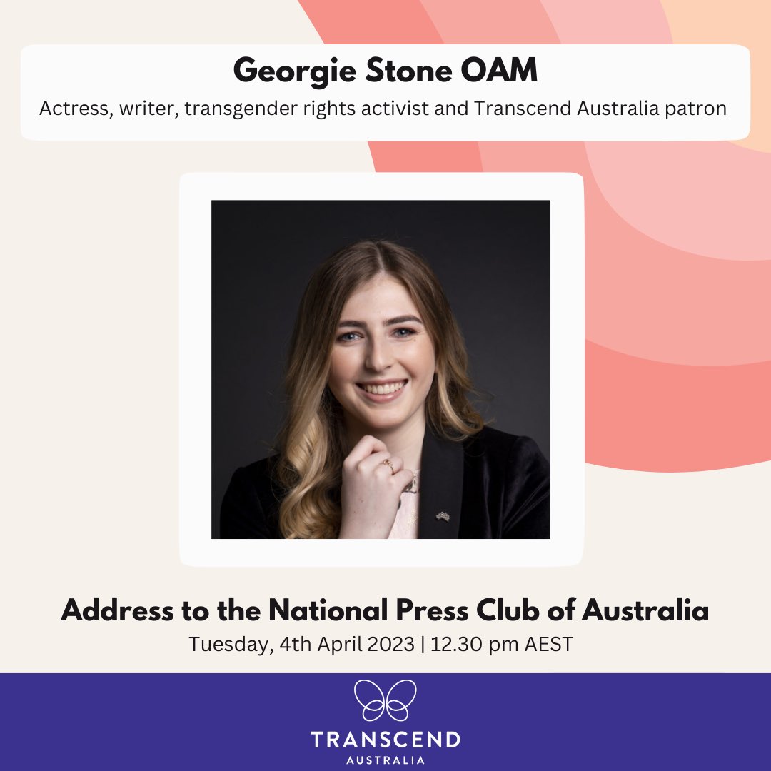 At 12:30 today, <a href="/georgiestone16/">Georgie Stone</a> OAM, @transcend_australia Patron, is scheduled to deliver a speech at the National Press Club of Australia in Canberra. This is a significant and historic moment for our communities. #transrightsarehumanrights