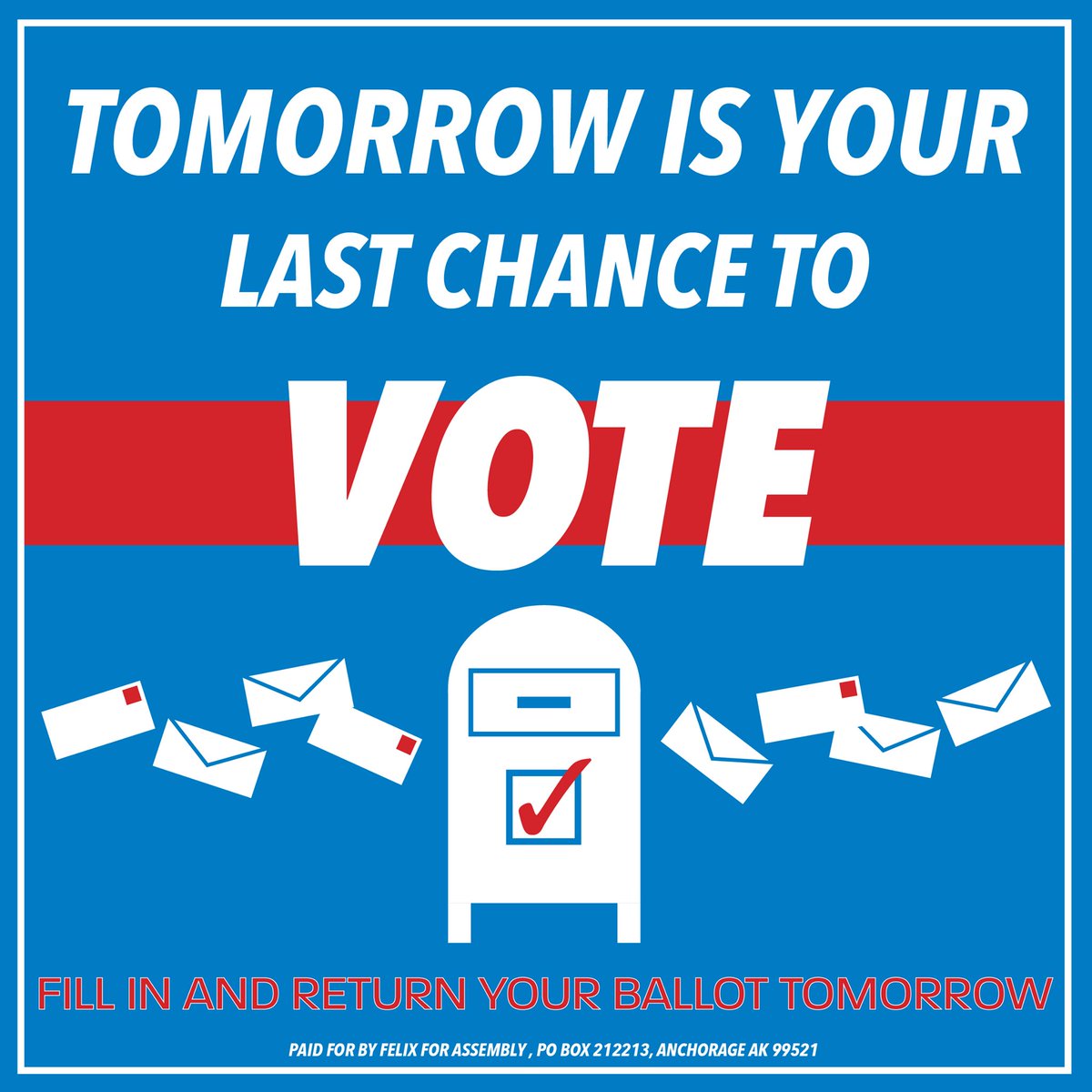 FelixforAK's tweet photo. Tomorrow is your last chance to vote! Make sure your voice is heard - this election will determine the future direction of our city for years to come.
You can find voting locations and drop box locations here: https://t.co/ludbPpWtEw https://t.co/ouGFdm3wbD