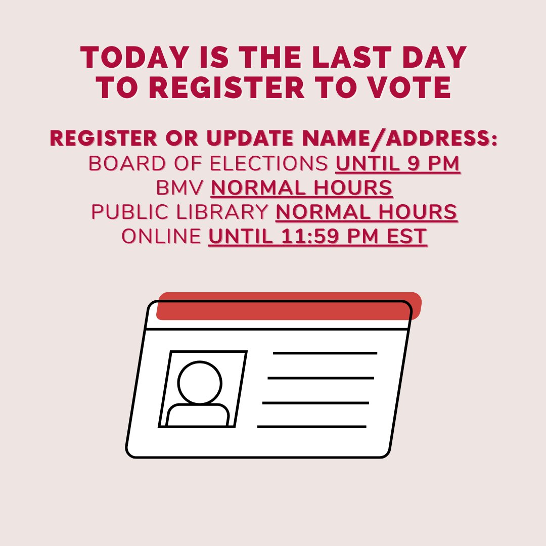 TargetOH's tweet photo. REMINDER: Today is the last day to register to vote for the May 2nd Primary. Online registration and updates to name/address are due tonight at 11:59 PM EST. #vote #aapi #ohio #votingrights #voting #votingmatters https://t.co/j3HCRizGK1
