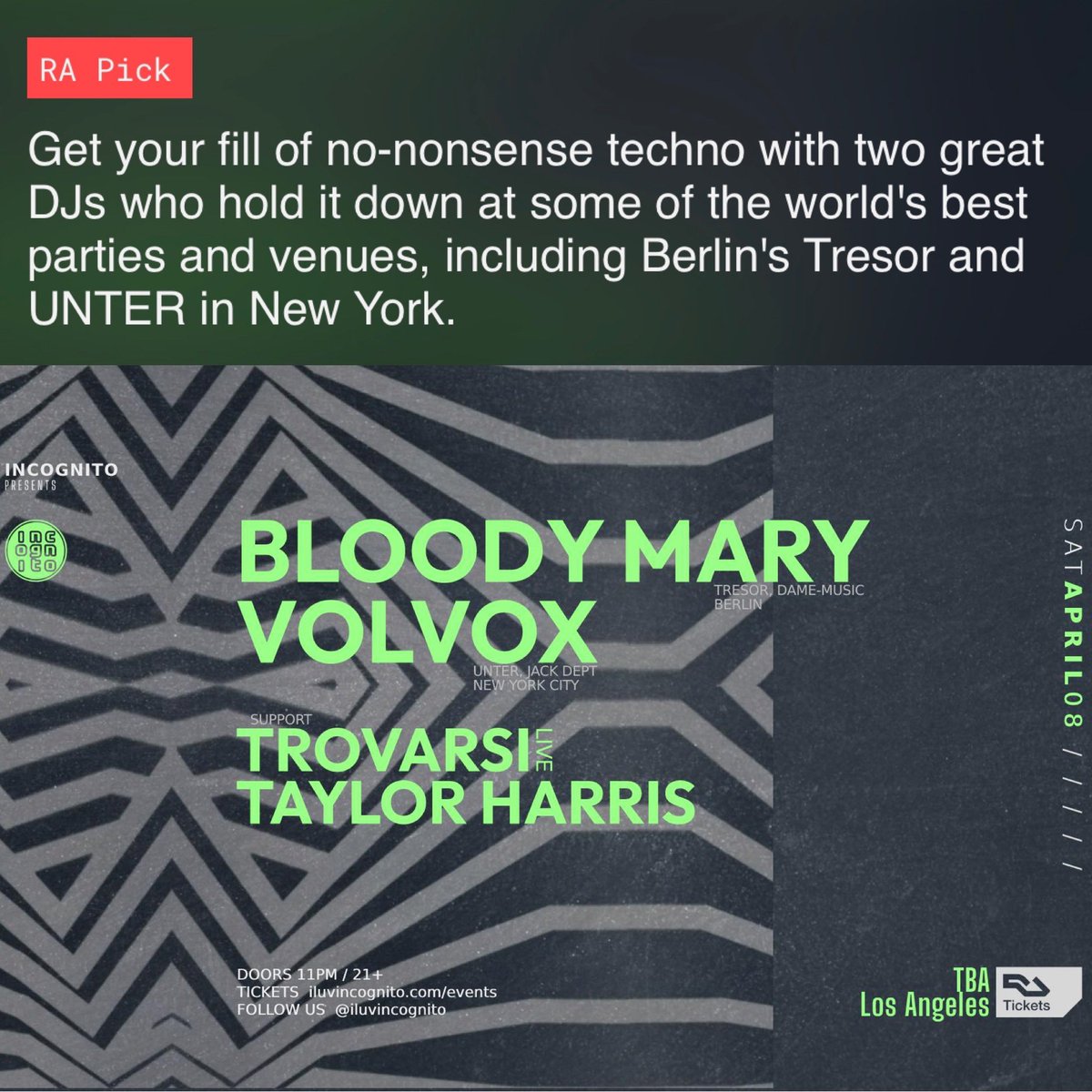 On Saturday April 8, INCOGNITO an afterhours of amazing acid and relentless techno. 

@djbloodymary
<a href="/djvolvox/">Ariana</a> 
<a href="/TrovarsiUS/">Trovarsi</a> 
@djtaylorharris 

Buy Tix at Link in Bio or at iluvincognito.com/events