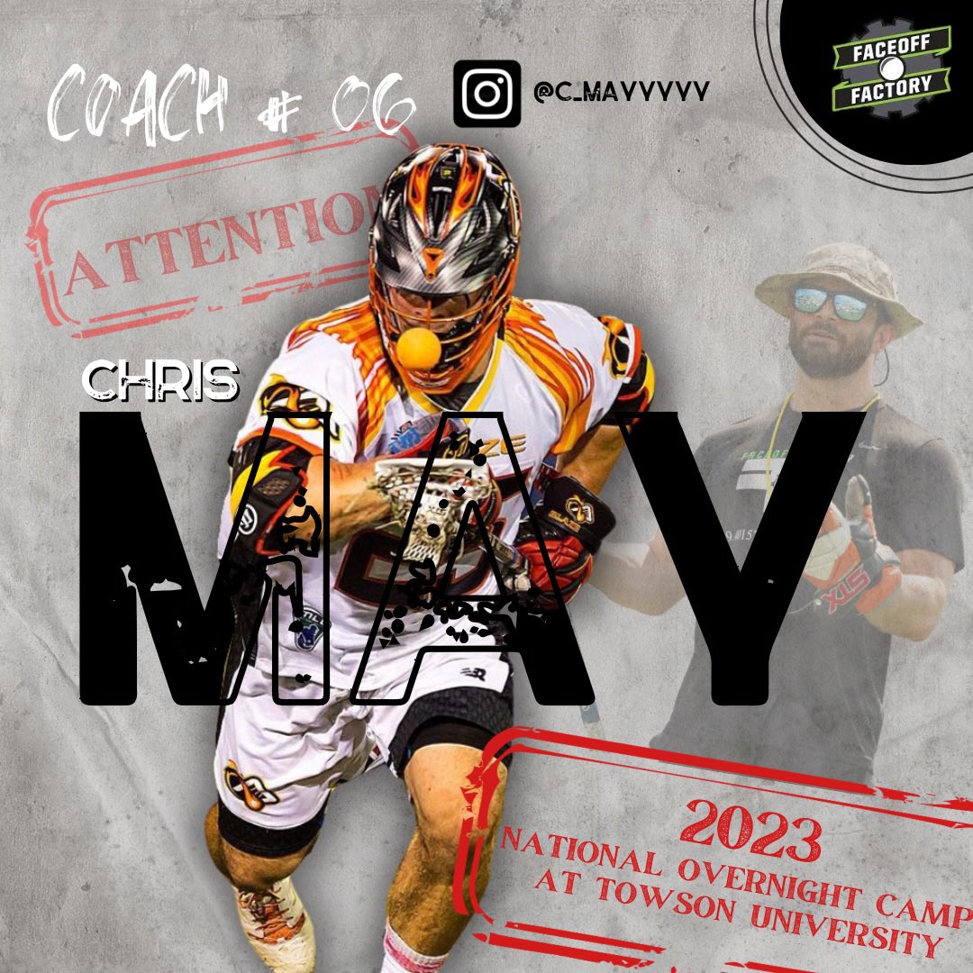 Next on the Coaching Staff Roster for our 2023 National Overnight Camp 👀
•
One of our most energetic coaches, Chris May played his College ball at Georgetown and Ohio State. He also played for 3 different MLL Teams👊
•
Sign up with this link: faceofffactory.com/national-overn…
#FOFamily