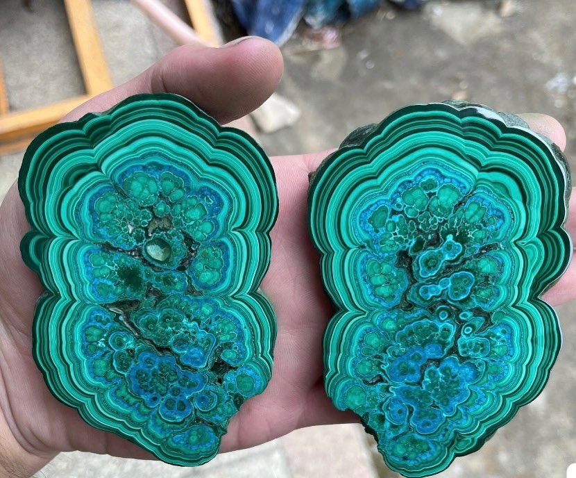 Malachite stalactite slices from Star of the Congo Mine, Lubumbashi, Haut-Katanga, Democratic Republic of the Congo 
 Photo: Andy_misty_crystal