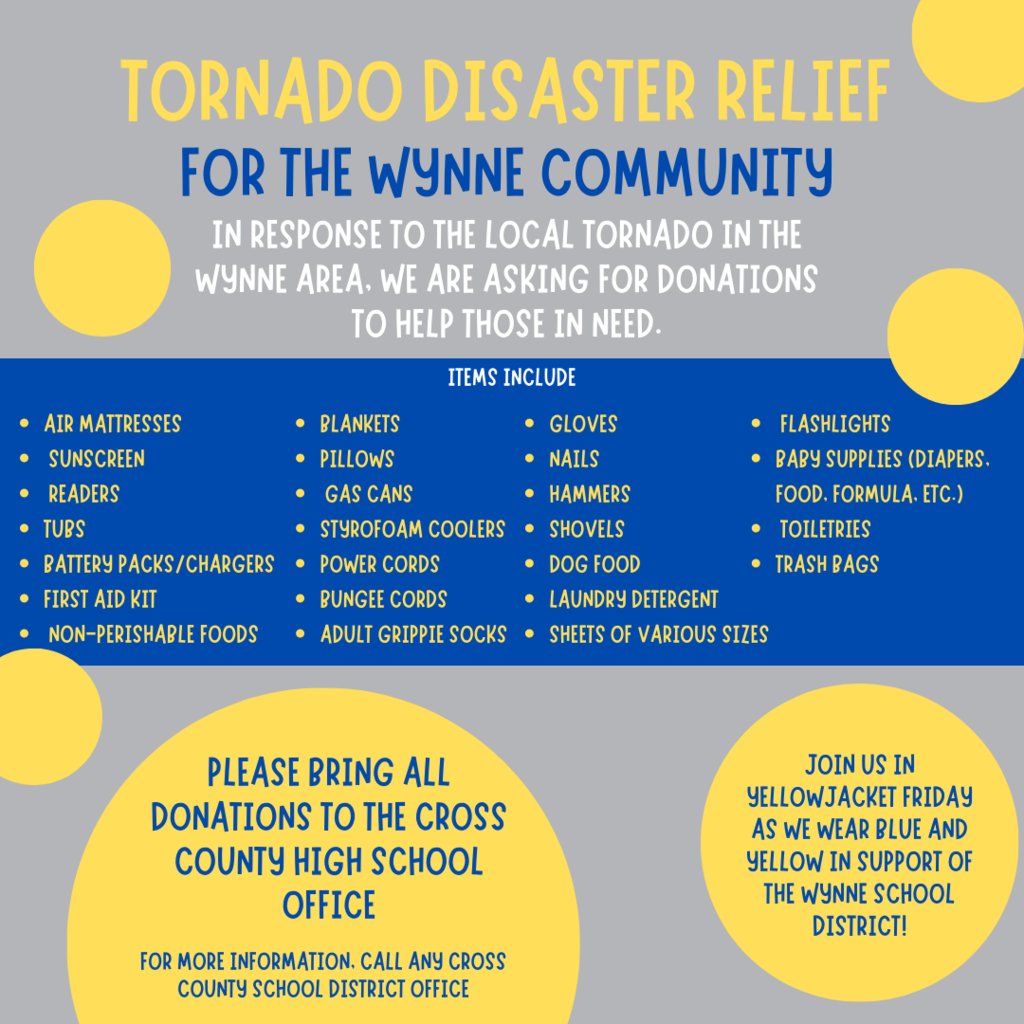 CrossCountySD's tweet photo. Donations for the Wynne Tornado Relief effort will be collected all week and can be brought to any office. We are also exchanging Thunderbird Friday with Yellowjacket Friday. Everyone should wear their blue and yellow in support of our Wynne family and friends. 💙💛 https://t.co/fEGRSxNxt2