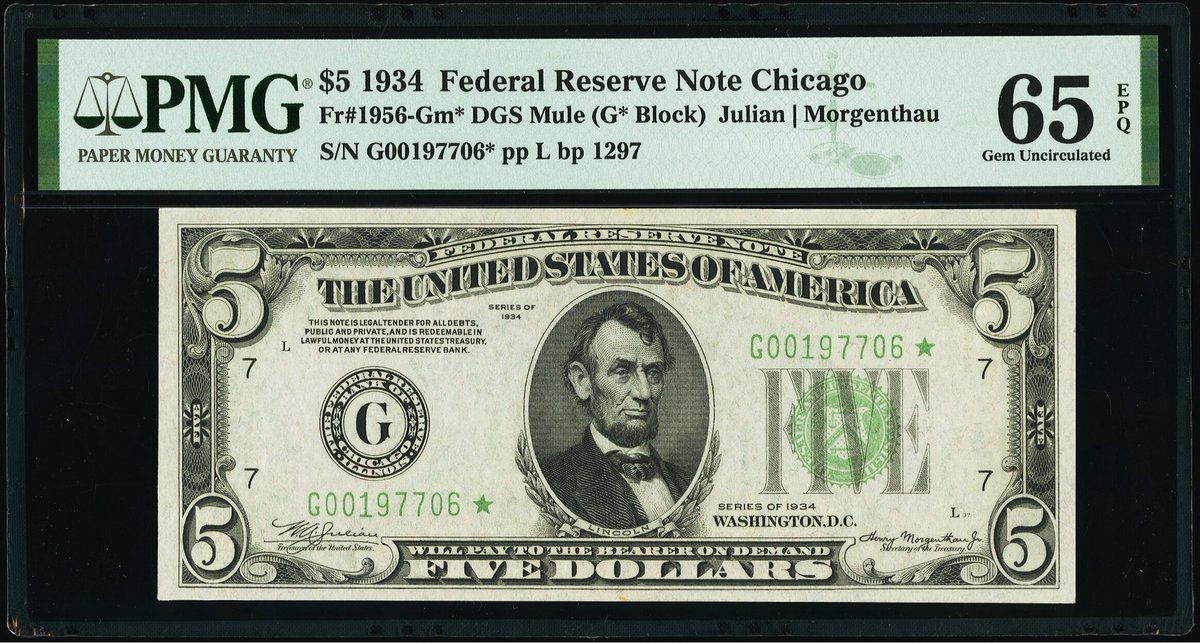 SPMC_1961's tweet photo. Society of Paper Money Collectors Presents the Note of the Day!
$5 1934 Star Mule Federal Reserve Note Chicago
fr.1956-Gm* DGS Mule
Photos Courtesy of Heritage Auctions
#Noteoftheday #Societyofpapermoney #papermoney #History #greenseal #five #Star #Lincoln #smallsize #PMG https://t.co/diuBV7RrMz