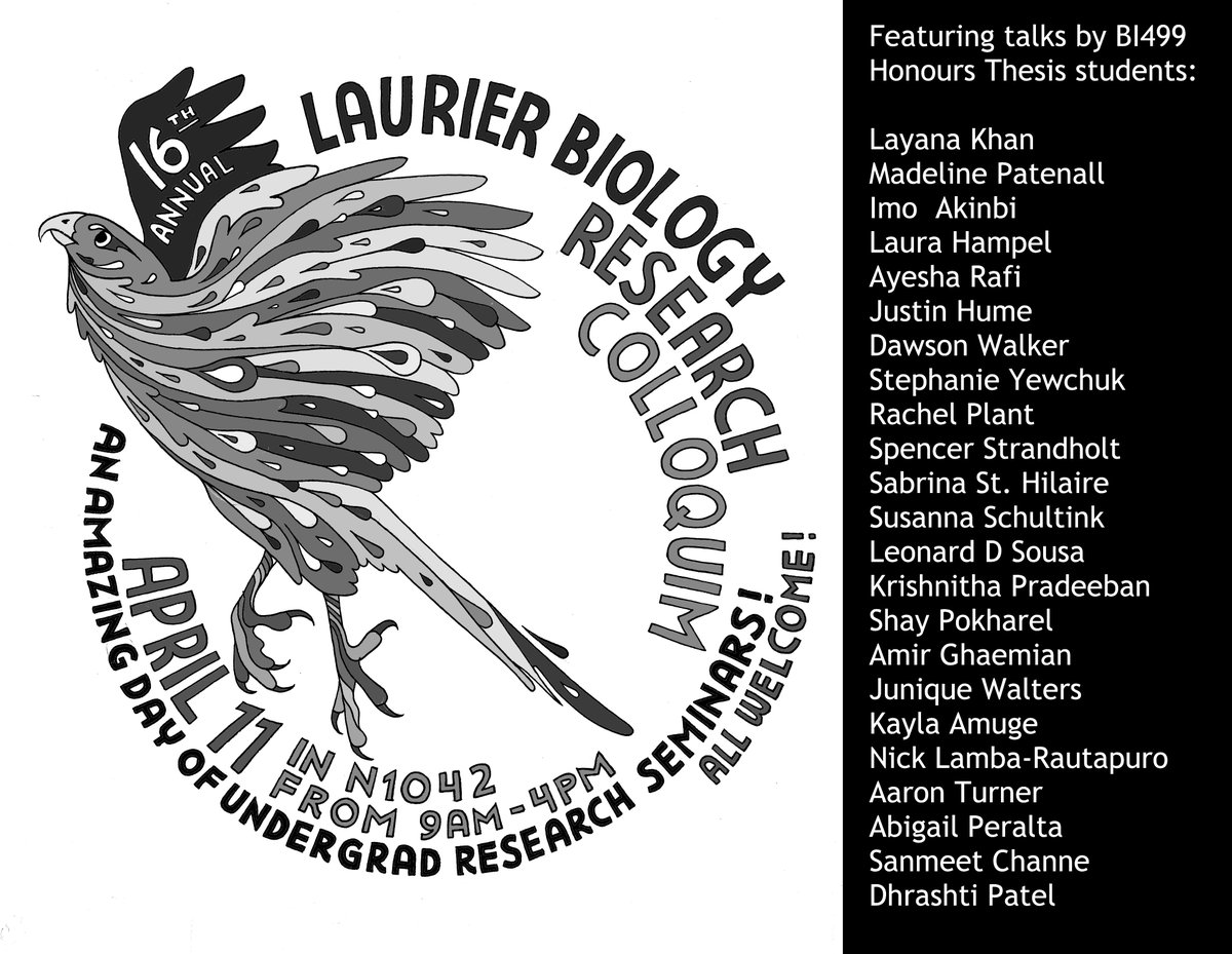 Please join us in N1042 on April 11th for the final research presentations by our incredible #BI499 honours thesis students! All Welcome!