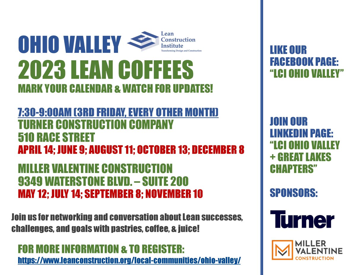G3C_Consulting's tweet photo. Join @LeanConstruct Ohio Valley for our April 14 Lean Coffee at Turner Construction in Downtown Cincinnati! Register at: https://t.co/TqOYcCGWq3 #CollaborateInnovateCreate https://t.co/dUE1F5dH7G