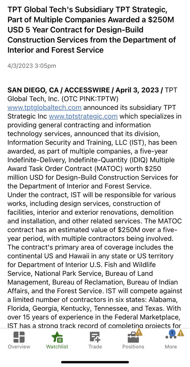 SmishMortion123's tweet photo. $TPTW announces another govt contract through TPT Strategic . https://t.co/fffnIvXd7X