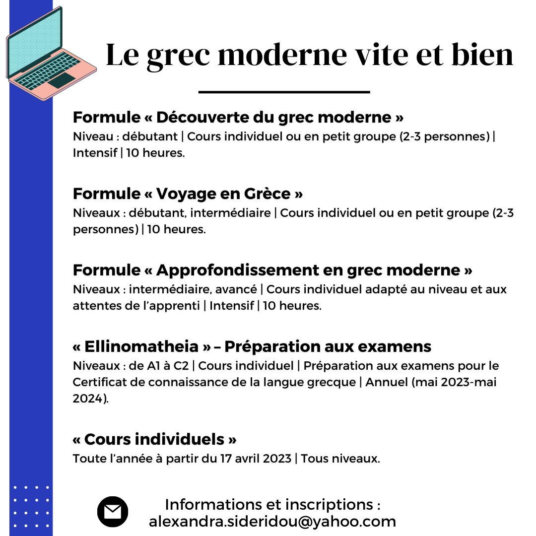 Alex_Sideridou's tweet photo. C'est le printemps 🌳🌺 ; le moment de fixer de nouveaux objectifs ! Si vous souhaitez apprendre ou améliorer votre grec 🇬🇷, je vous propose 5 nouvelles formules, adaptées à vos besoins😃😉
Pour en savoir plus : https://t.co/CJpkhw17So

#grec #grecmoderne #coursdegrec #Zoom https://t.co/rQamiStftW