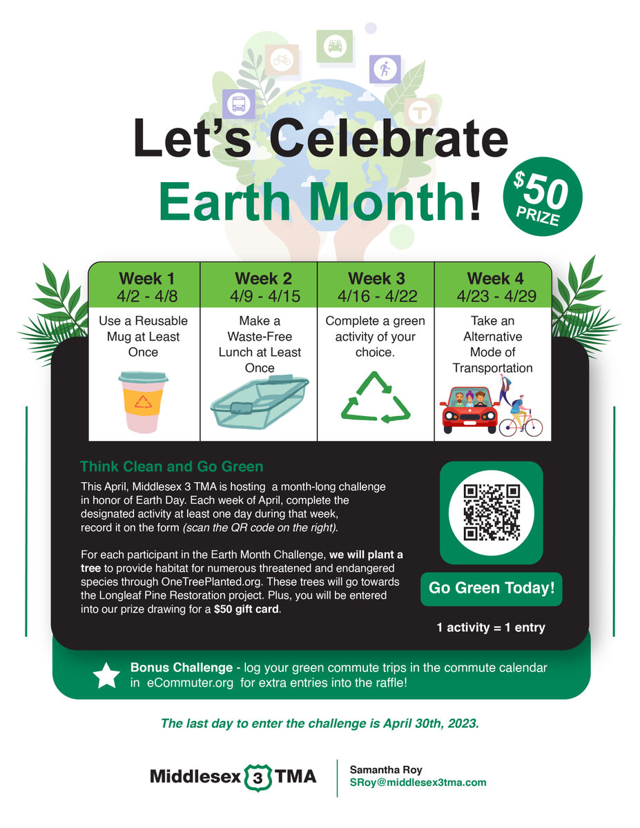 Introducing our April Commuter Challenge in celebration of #EarthMonth! Complete the designated activity at least one day each week and record it on the form in order to be entered into our prize drawing for a $50 gift card! Register now: loom.ly/SbiiDJ8 <a href="/Middlesex3/">Middlesex 3</a>