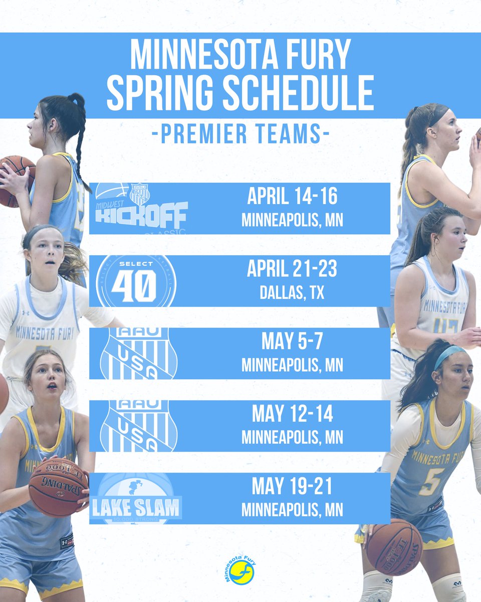 Check out the 𝗦𝗣𝗥𝗜𝗡𝗚 𝗦𝗖𝗛𝗘𝗗𝗨𝗟𝗘 for our Premier teams!

April 14-16 - Midwest Kick-off Classic
April 21-23 - Select 40 Session 1
May 5-7 - AAU State Prelims
May 12-14 - AAU State Championships
May 19-21 - Lake Slam

#FuryFam | #S40