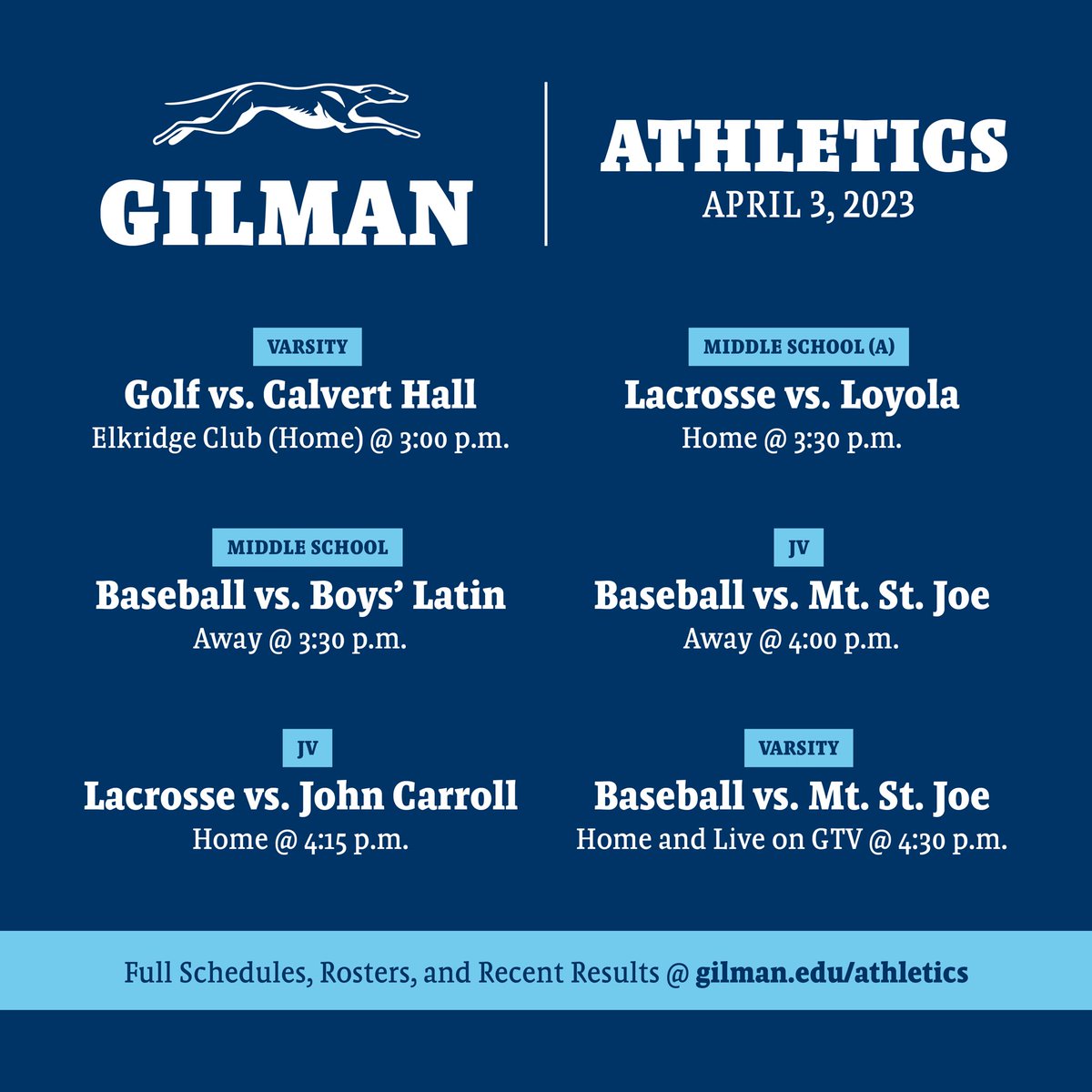 Monday means #tons of games. 
<a href="/GilmanLacrosse/">Gilman Lacrosse</a> <a href="/GilmanGolf/">Gilman Golf</a> <a href="/GilmanBaseball/">Gilman Baseball</a> 
And <a href="/Greyhound_TV/">Greyhound TV</a> will be broadcasting the V baseball game right here:

youtube.com/live/xxypQ6A4j…