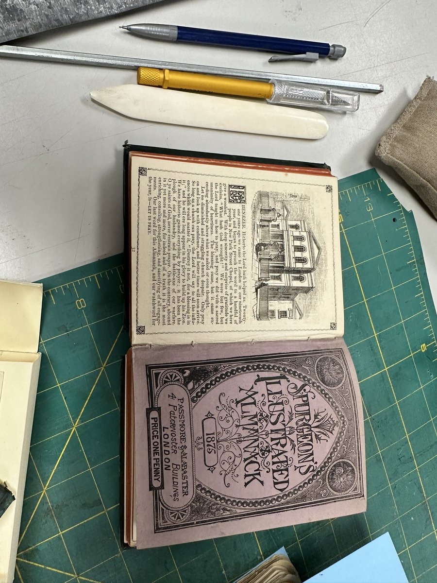 Continuing restoration on Spurgeon’s Almanack (rb.gy/e140 ) Paste detached page using acid-free paste and Unryu Tissue Kozo. Thread broken which will require hand sewing.