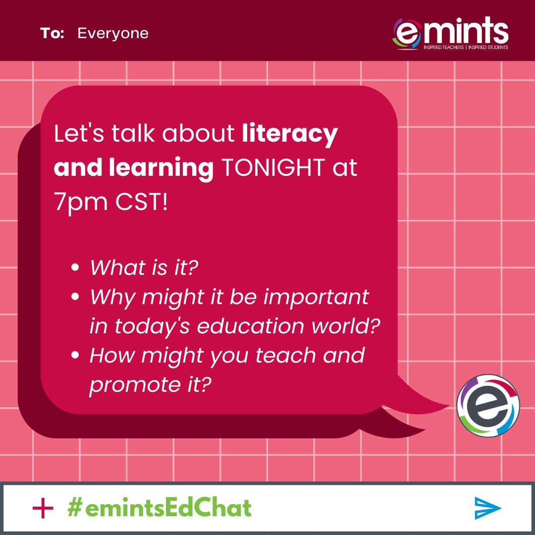 emintsnc's tweet image. We are just ONE HOUR away from our #emintsEdChat about #LiteracyAndLearning! Join us LIVE from 7-8 PM (CST) to chat, learn, share, and grow together!  @mrsbskn_english will be our #TwitterAmbassador for the evening!

#eMINTS #emintsAT #CommunityOfLearners #CollaborateAndNetwork