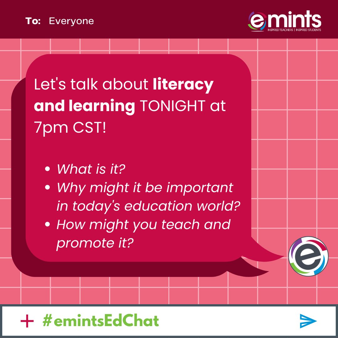 We are just ONE HOUR away from our #emintsEdChat about #LiteracyAndLearning! Join us LIVE from 7-8 PM (CST) to chat, learn, share, and grow together!  @mrsbskn_english will be our #TwitterAmbassador for the evening!

#eMINTS #emintsAT #CommunityOfLearners #CollaborateAndNetwork